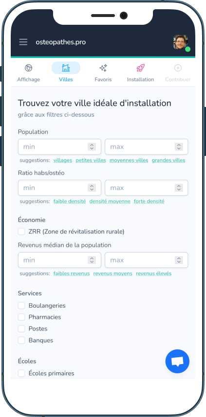 Carte démographique des ostéopathes avec filtres pour choisir une ville d'installation: densité, économie, santé, etc.