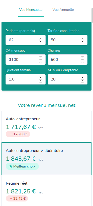 simulateur de revenu en fonction du statut juridique
